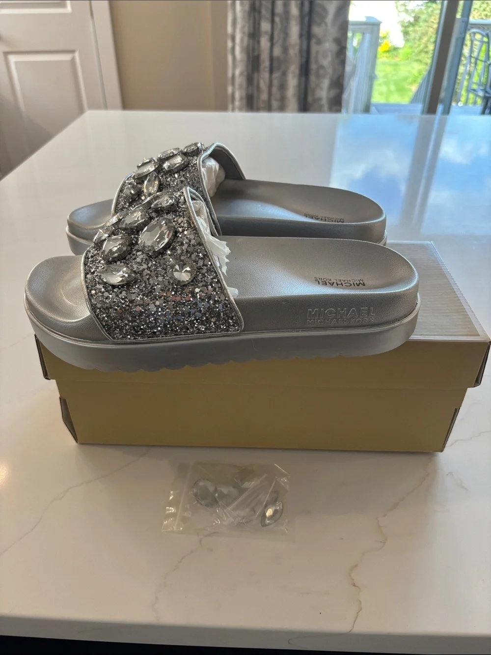 Michael Kors Silver Crystal Embellished Slide Sandals